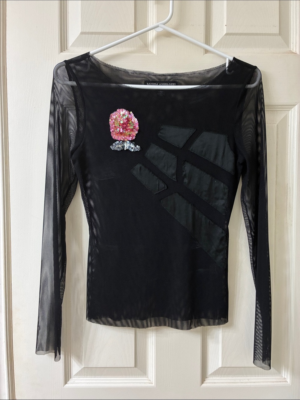 Sandra Angelozzi, US S, Black Pink & Silver Long Sleeve Flower Sequin Mesh Top